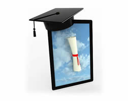 A tablet computer wearing a graduation cap and displaying a certificate.